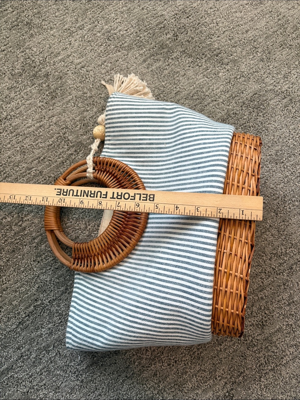 Straw Studios, Striped Canvas and Rattan Tote Bag with Tassel - Blue/White - Picture 8 of 9